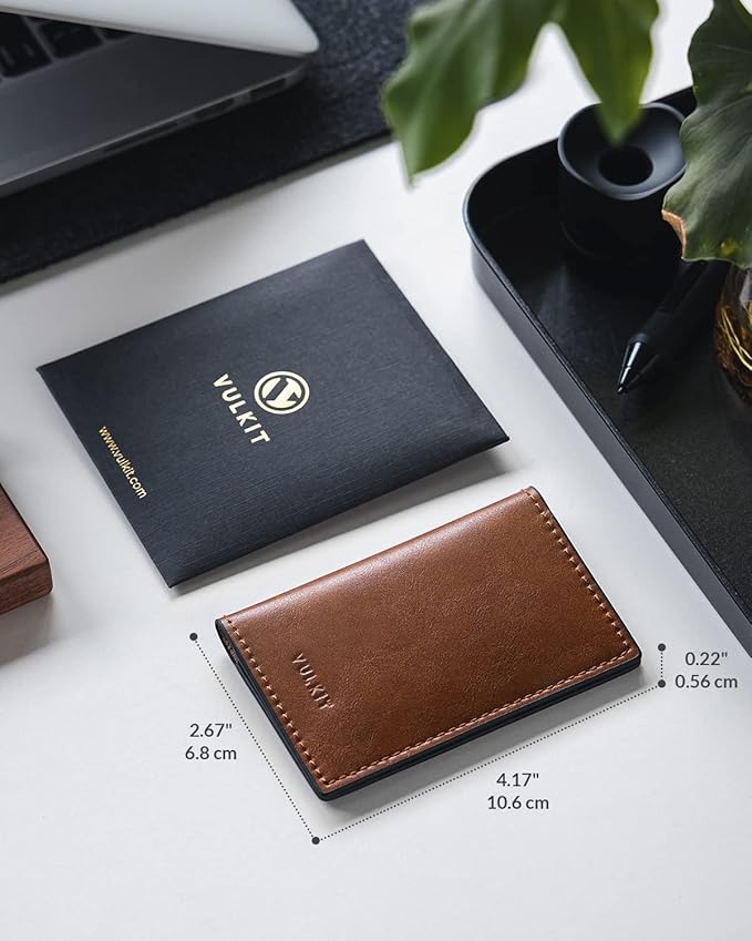 VULKIT Leather Business Card Holder 2 Sided Slim Business Name Card Organizer for Men or Women, Up to hold 20 cards (Vintage Brown)