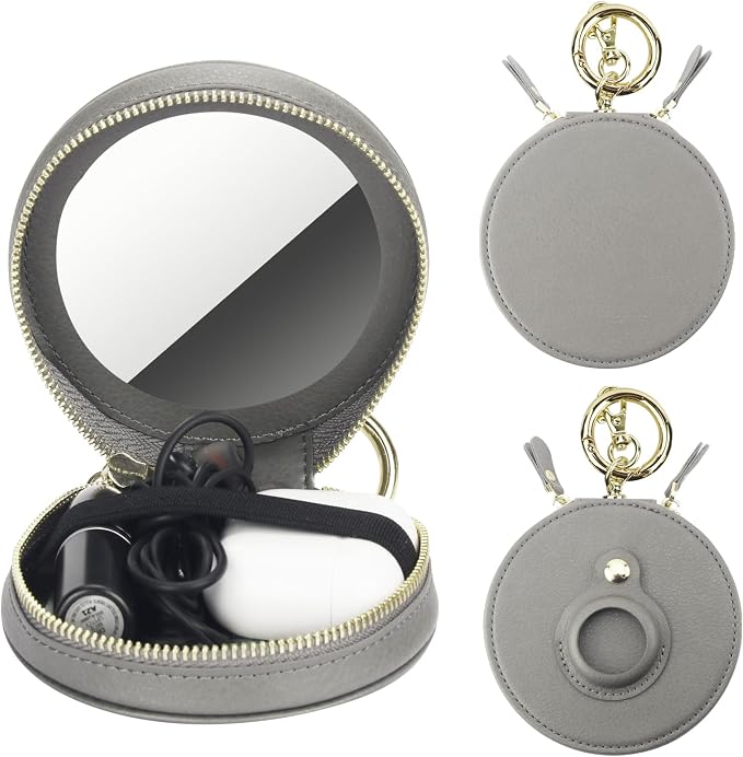 Bocasal Coin Pouch Mini Lipstick Cosmetic Bag with Airtag Holder Mirror, Leather Zipper Travel Makeup Bag Organizer Keychain Ring Clasp for Keys Earbuds Earphone Lip Gloss Chapstick Women Girls (Grey)