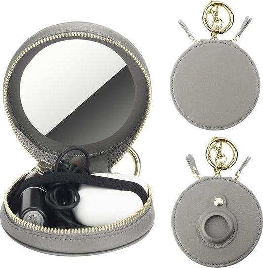 Bocasal Coin Pouch Mini Lipstick Cosmetic Bag with Airtag Holder Mirror, Leather Zipper Travel Makeup Bag Organizer Keychain Ring Clasp for Keys Earbuds Earphone Lip Gloss Chapstick Women Girls (Grey)