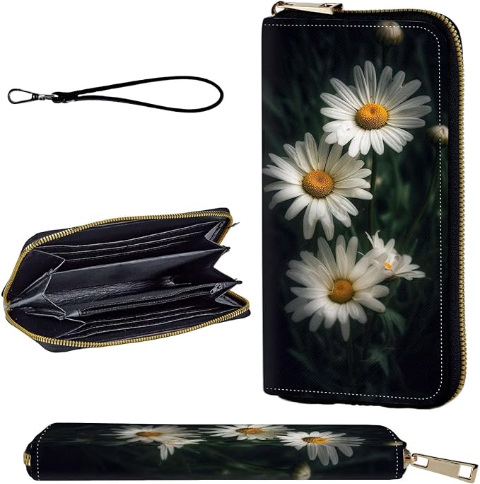 Wallet,Leather Long Wallet Suitable For Ladies And Teenagers - Detachable Wristband + RFID Travel Wallet With Card Slot - White and Yellow Daisy Flowers