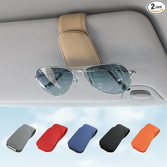 KanSmart Sunglass Holder for Car Visor Sunglasses Clip Magnetic Leather Glasses Eyeglass Holder Interior Car Accessories for Woman Man - 2 Packs Beige