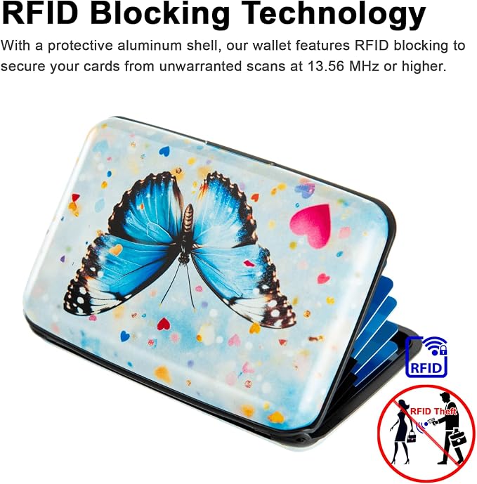 Credit Card Holder for Women Men RFID Blocking Wallet Small Business Metal Slim Mini Aluminum Hard Case (Colorful Hearts Butterfly)
