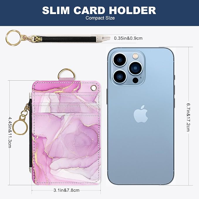 Slim Wallet Credit Card Holder, Pink Marble Pattern, RFID Wallet Women Cute Small Front Pocket Wallet With Zipper, PU Leather Thin travel RFID Blocking Card Case ID Window,Ladies Gifts