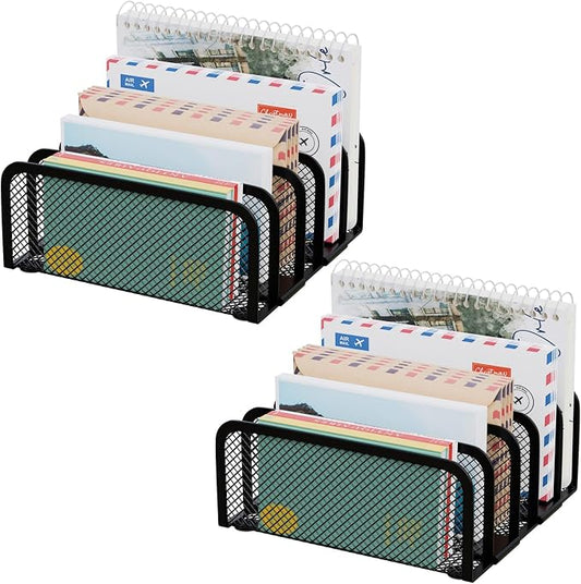 Mail Organizer Countertop 2 Pack, Metal File Holder with 5-Slot, Small Desk File Organizer for Letter, Bill, Mail Sorter, Desktop Letter Folder Holders for Office, Home, School (Black)
