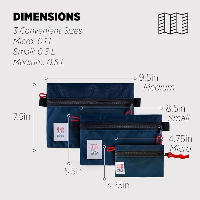 Topo Designs Accessory Bags, Travel Organizer Accessories for Smaller Items, Durable Storage Pouch, 3 Sizes, Fully Lined Pack Cloth (Micro, Navy/Navy)