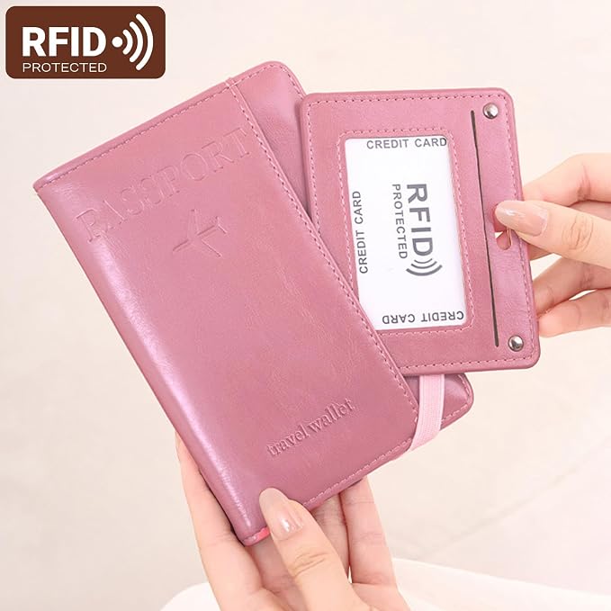 Passport Holder for Travel ，with 2 Luggage Tags,RFID blocking Passport Cover Wallet for Women Men, Waterproof PU Leather passport Book Card Holder Case Organizer Travel Essentials (Pink)