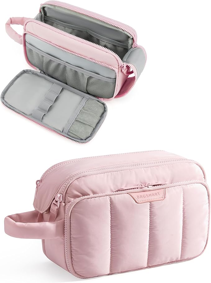 BAGSMART Travel Makeup Bag Organizer, Puffy Make Up Bag, Cosmetic Organizer Case for Travel Essentials Toiletries Accessories Bottles, Brushes (Pink)
