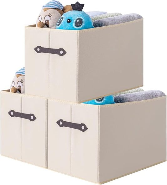 3 Pack Large Collapsible Storage Baskets for Shelves,14.9"x9.5" Fabric Closet storage Boxes with Leather Handles,Decorative Organizers Storage Bins for Clothes,Sheets,Toys,Books,Creamy-White