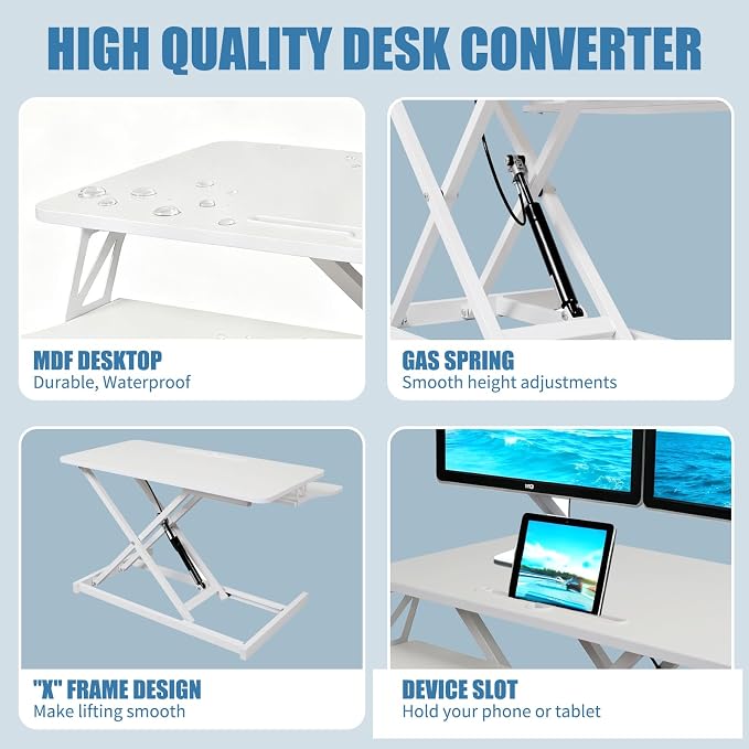 Standing Desk Converter, Height Adjustable Sit to Stand Riser, Dual Monitor and Laptop Workstation with Wide Keyboard Tray, Desk Lifter for Home Office