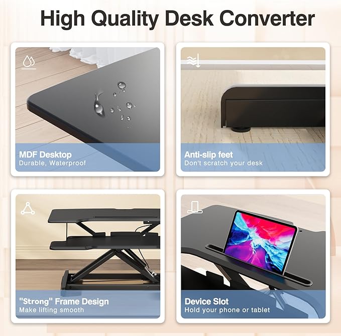 Standing Desk Converter 32 inch, Height Adjustable Sit Stand Desk Riser, Quick Sit to Stand Tabletop Dual Monitor Riser Workstation for Home Office with Keyboard Tray, Black