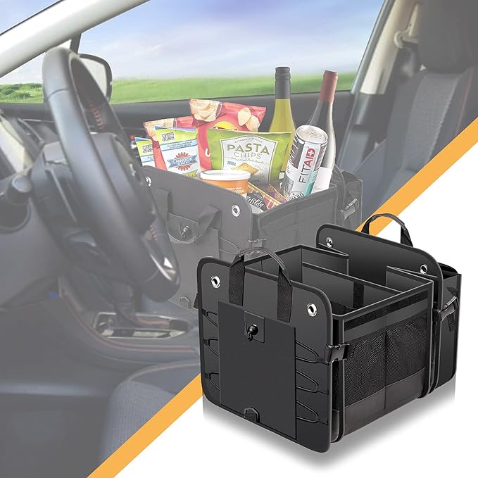 Car Trunk Organizer with Lid & Removable Leakproof Cooler Bag，Foldable Cover,Large Trunk Organizers,Multi-Compartment Collapsible Cargo Storage Organizer for SUV,Van,Truck,Sedan(3 Compartments,Black)