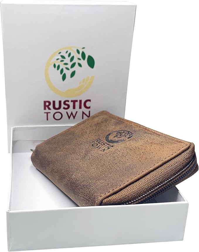 RUSTIC TOWN Leather Key Holder Case - Zippered Key Organizer Wallet with 8 Hooks for Keys, Cash & Card - Gift for Men Women