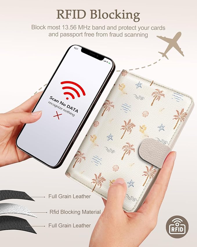Slohif Passport Wallet Holder Cover for Travel - Women Men RFID Blocking Passport Book Case Protector, Summer Hawaiian Beach Leather Personalized Organizer Slim Carrier Boarding Pass Cards Slots