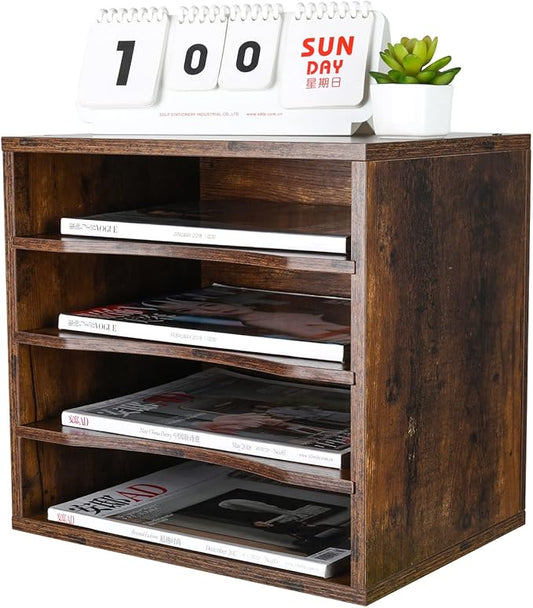 PAG Mail Sorter, Wood Countertop Literature Organizer, Office Supplies Desktop File Bill Paper Organizer for Home School, 4 Compartments, Antique Brown