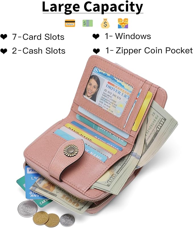 SENDEFN Small Womens Wallet Leather RFID Blocking with Multiple Card Slots and Zipper Coin Pocket