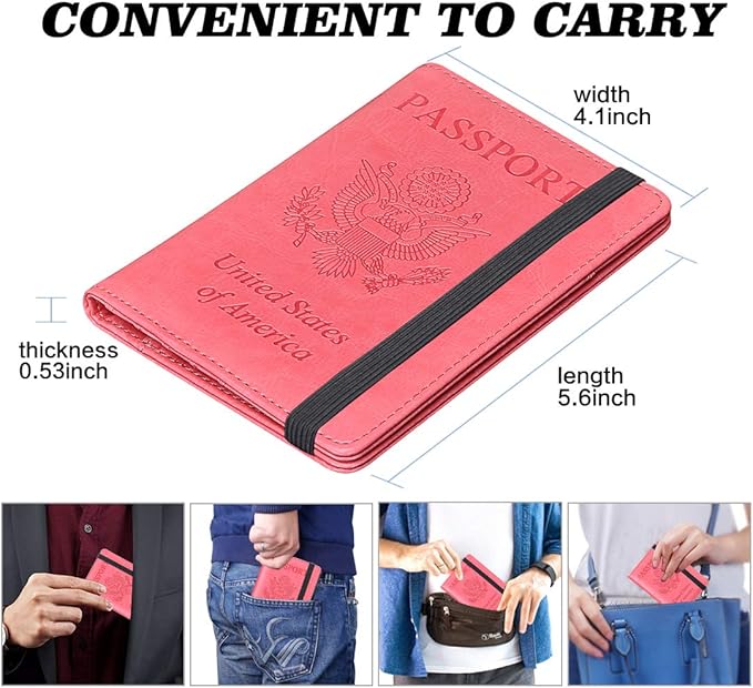 HerriaT Leather Passport Holder Cover Case RFID Blocking Travel Wallets Card Case for Women Men(Pink)