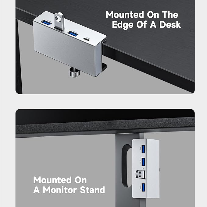 USB C Hub Clamp Aluminum 2-Port USB 3.0, USB C Data Port, SD/TF Card Reader for 0.39''-1.18'' Thickness Desktop PC, Desks,Monitor Stand Desktop Powered USB Hub and Cell Phone Holder (Black)