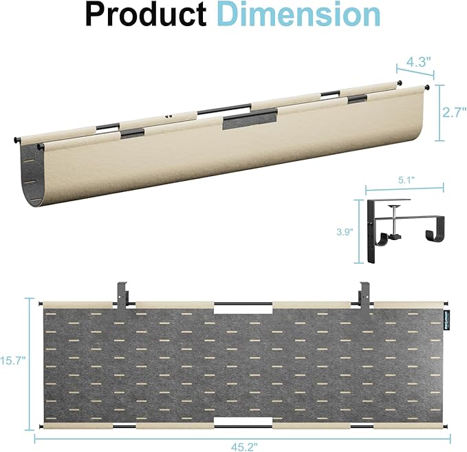 2-in-1 Under Desk Cable Management Tray & Privacy Panel, Dual-Sided Thick Felt Cord Organizer with 20 Cable Ties,Heavy Duty Steel Frame Support, No-Drill Clamp Mount,Large Capacity (Khaki/Gray, 45.2")