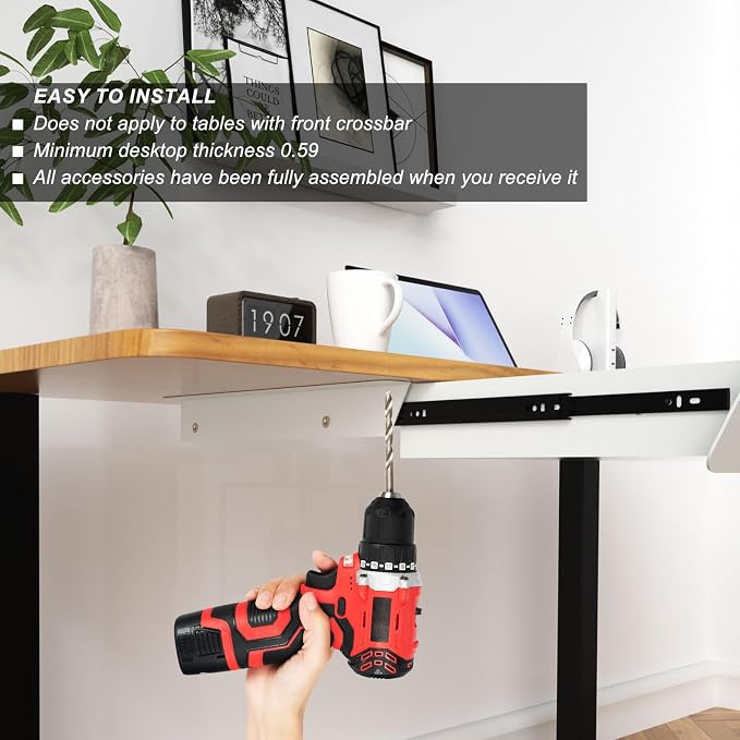 White Large Under Desk Mounted Sliding Drawer with 2 Cable Hole and 60 Degree Tilt Panel to Pull Out, 22.4'' Long & 9.2'' deep Large Storage Organizer for Sit Stand Workstation