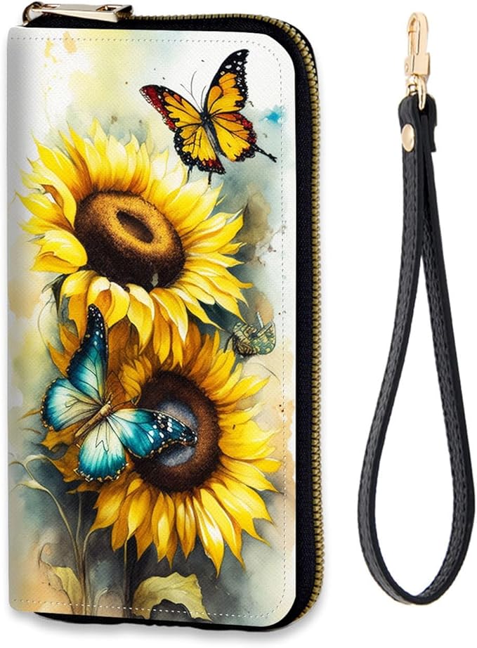 Women's RFID Blocking Zip Around Wallet with Detachable Wrist Strap, Large Capacity Credit Card Holder Organizer for Everyday Use,Sunflower Butterfly