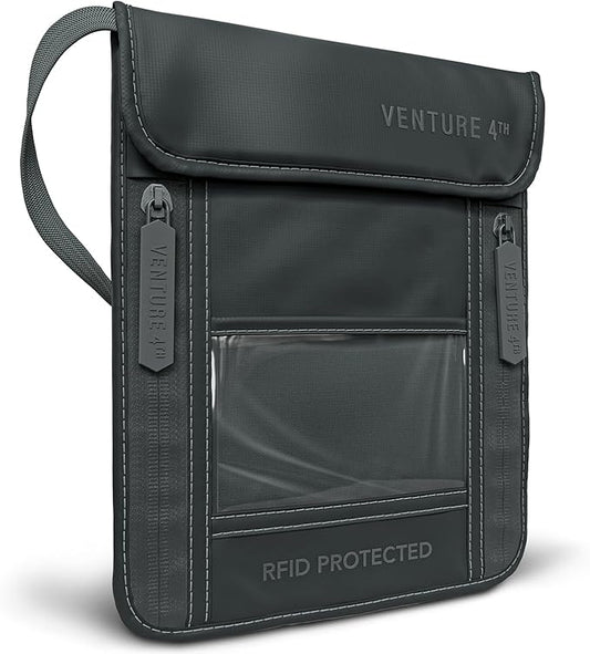 VENTURE 4TH Neck Wallet for Women & Men – RFID Blocking Passport Holder for Travel, Hidden Neck Pouch with 6 Compartments, Slim Lightweight Travel Organizer with Adjustable Strap (Sleek Gray)