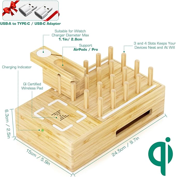 Bamboo Wireless Charging Station for Multiple Devices - Wood Docking Station Organizer, Qi Certified Fast Wireless Charger, 7 USB Charging Ports for Cellphone, Smart Watch, Earbuds, Tablet