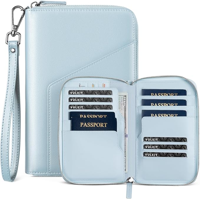 VULKIT Leather Passport Holder Family Travel Document Organizer with RFID Blocking Travel Wallet Slim Dual Slots SIM Card and Multiple Card Holders for Men and Women (Light Blue)
