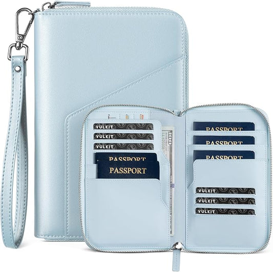 VULKIT Leather Passport Holder Family Travel Document Organizer with RFID Blocking Travel Wallet Slim Dual Slots SIM Card and Multiple Card Holders for Men and Women (Light Blue)