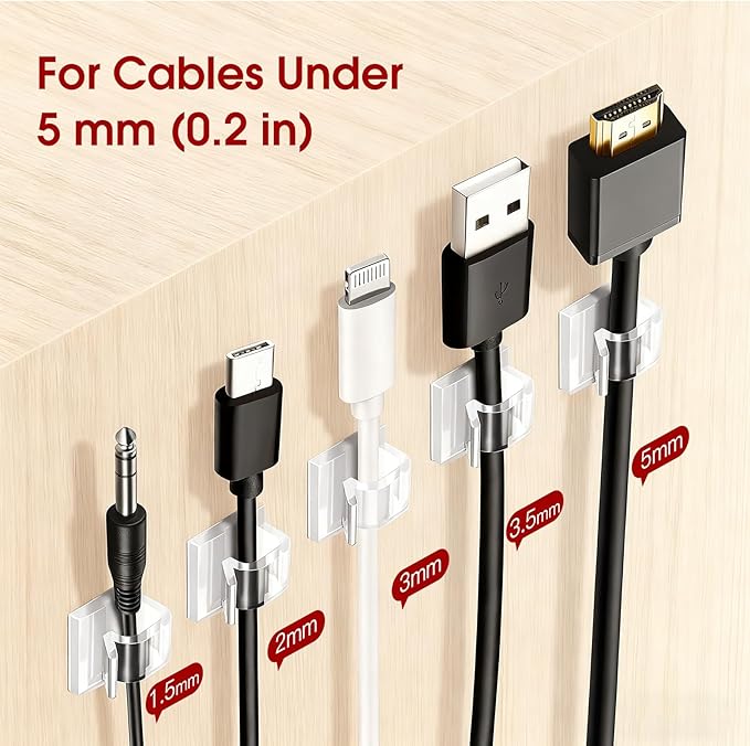60PCS Adhesive Cable Clips, Heavy-Duty Cord Clips for Cable Management, Outdoor Christmas Light Clips Hooks, Traceless Clear Wire Holders Cord Organizer for Wall, Desk, LED, Car(Small)