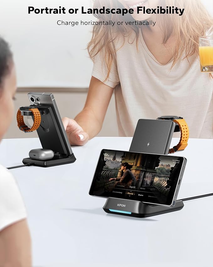 KPON 3 in 1 Charging Station for Samsung, Wireless Charger for Thick Cases, Foldable Phone and Watch Charger Stand for Galaxy S26/S25/S25 Ultra/S24/Z Fold/Android Devices, Galaxy Watch and Earbuds
