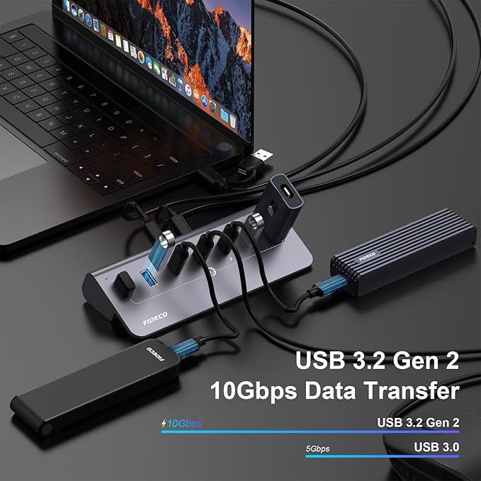 FIDECO Powered USB Hub, 7 Port 10Gbps Fast Data Hub for iPhone 16/15 and Laptop, Full Aluminum USB Splitter with 5V 3A Power Adapter, 4 USB A and 3 USB C Ports, Support BC1.2 Charging (Grey)