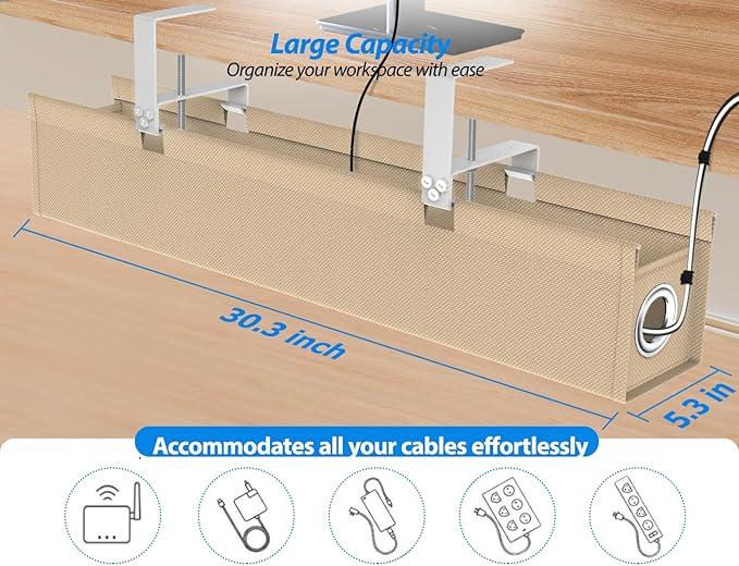 Under Desk Cable Management Tray, 30" Cord Organizer for Table with Oxford Fabric, 60LBS Capacity, No Drill Installation, Cable Management Fits Most Desks, Gaming Setup & Home Office