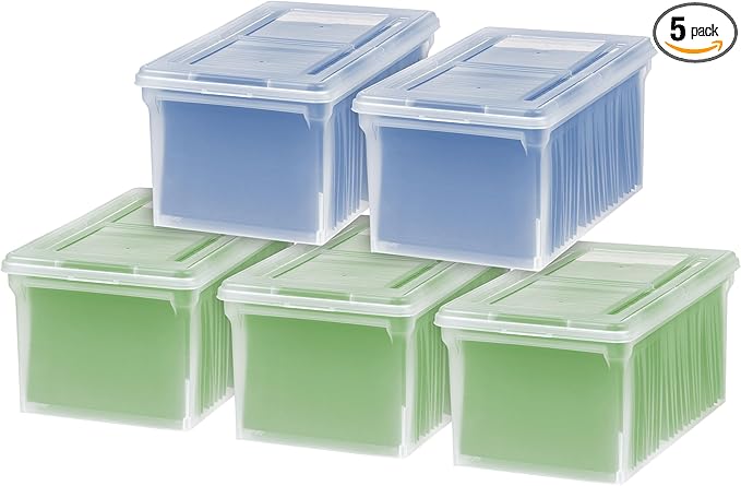 IRIS USA File Box, File Organizer w/Hinged Split Lid for Letter File, Important Document Box, Plastic Storage Filing Bin for Moving, Stackable Nestable Portable, Clear 44 Qt. 5 Pack