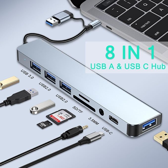USB C Hub Upgrade 8 in 1 USB Splitter Port Extender for Laptop, USB 3.0 Hub USB Adapter&USB C Splitter 4 USB 1 USBC TF/SD Card Reader Audio Output Compatible with MacBook/Pad/Laptop/Phones