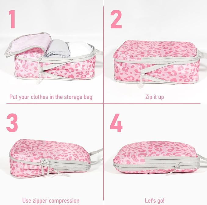 6 Set Compression Packing Cubes, Suitcase Organizer, Lightweight Travel Essentials, Compression Bags For Travel Accessories Luggage Storage Set (6Pcs, Pink Leopard)