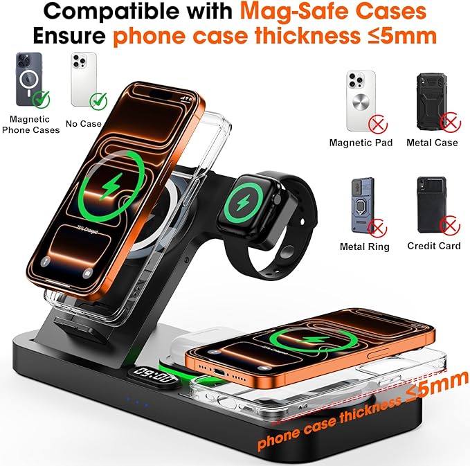 Dual Phone Magnetic Wireless Charging Station for Apple Ecosystem, Wireless Charging Station for Apple Devices with Auto Switch 7-Color Light & Clock,for iPhone17,for iwatch11, for AirPods Pro3(Black
