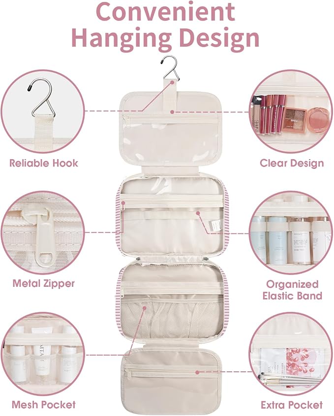 Narwey Striped Hanging Toiletry Bag for Women Travel Makeup Bag Organizer Toiletries Bag for Travel Size Essentials Accessories Cosmetics (Dusty Pink Stripe (Medium))