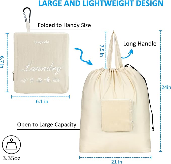 GOGOODA Travel Laundry Bags with Drawstring Closure XL Large Foldable Dirty Clothes bags with Handle Heavy Duty and Washable for College Dorm Travelling Camping, 2 Pack, Beige