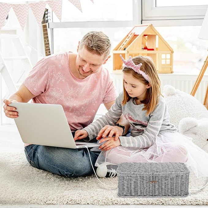 Cable Management Box, Desk Handwoven Rattan Cord Hider Cable Organizer Box With Lid Button Lock, Power Strip Cover Wicker Decorative Basket, Floor Wire Hiding Extension Cord Box (grey)