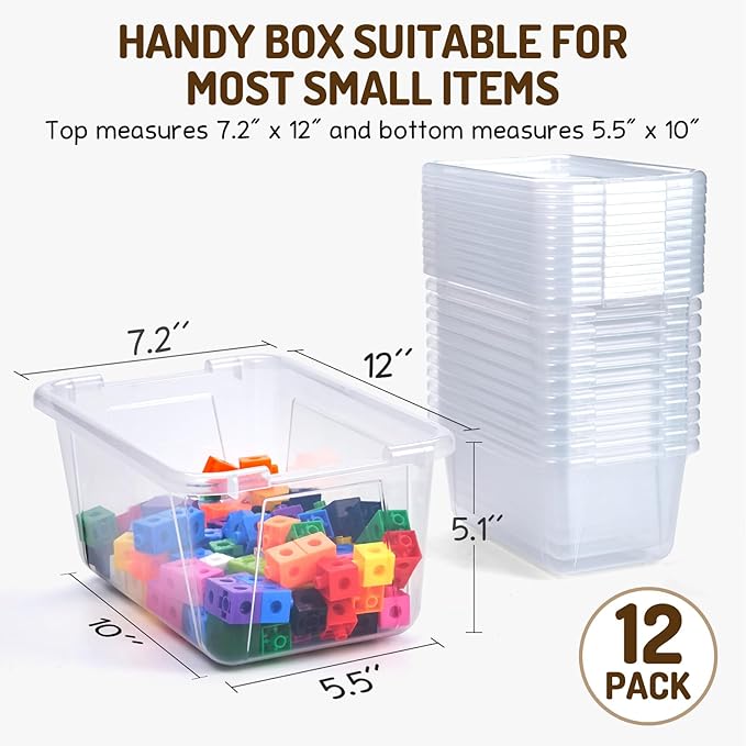 GAMENOTE 6 Quart Storage Bins with Lids,12 Pack Transparent Plastic Latching Box for Classroom & Kids Toy Storage,Clear Stackable Shoe Box Size Containers for STEM Morning Tubs, Crafts&Building Blocks