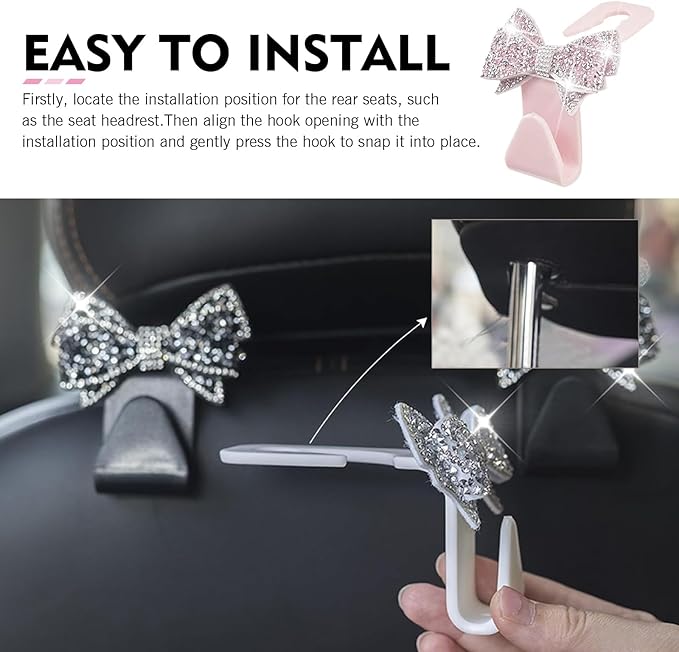 2 PCS Bling Bow Car Headrest Hook, Diamond Sparkling Invisible Seat Headrest Hooks, Vehicle Storage Organizer with Butterfly Bow Vent Clip for Purses, Bags, Groceries (Pink)