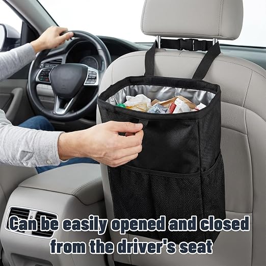 3.5 Gallon Leak-Proof Car Trash Can with Hook and Loop Lid and Handle, Waterproof Portable Hanging Auto Garbage Bag, Large Capacity Waste Bin for SUV, Truck, RV, Camping & Office (Black)