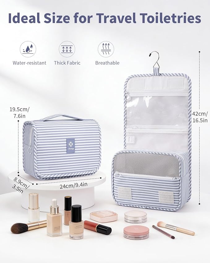 Narwey Small Hanging Toiletry Bag for Travel Women Girl, Striped Toiletries Travel Bag with Hook, Hanging Makeup Bag Organizer Make Up Cosmetic Bags, Gifts for Kids Teen (Greyish Blue Stripe)