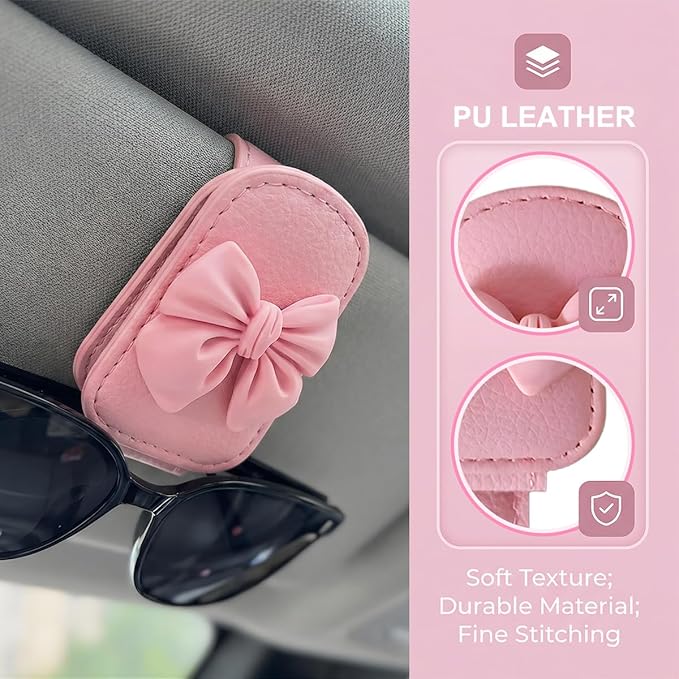 Bittwee Sunglasses Holder for Car Visor, Magnetic Cute Bow Leather Sun Visor Eyeglasses Mount & Ticket Card Clip, Magnet Automotive Interior Glasses Hanger Organizer, Universal for Vehicles (Pink)