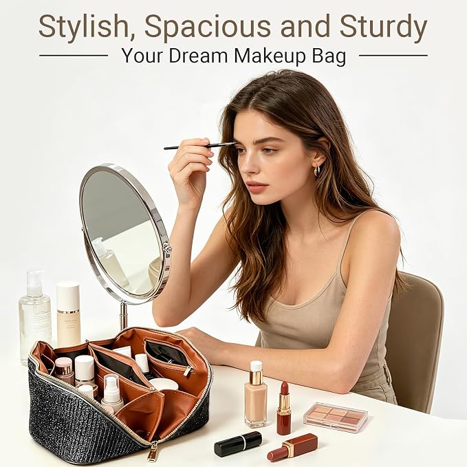 Travel Makeup Bag with Compartments & Organizers – Flat Open Cosmetic Pouch for Women, Purse-Style Design for Traveling, Perfect for Toiletries & Cosmetics Black