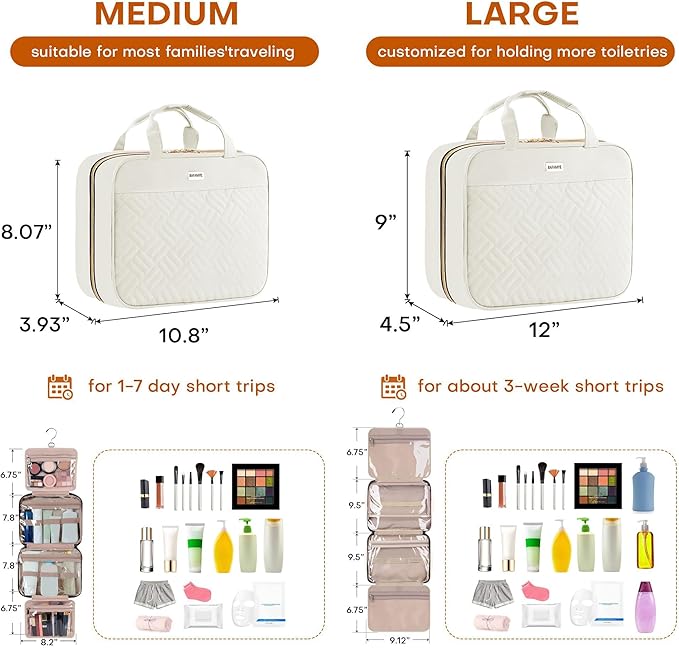BAFAMYE 8L Travel Toiletry Bag for women - 2.1 GAL Water-resistant Makeup Cosmetic Bag Organizer With Hanging Hook for Travel Accessories Shampoo Full-size Container, Beige