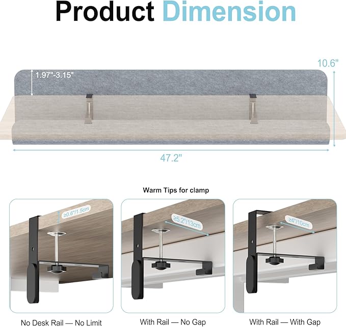 Felt Under Desk Cable Management Tray, 47.2" Cord Organizer with Clamp or Screw Mount, Laptop & Tablet Slot, Desk Cable Organizer for Home & Office