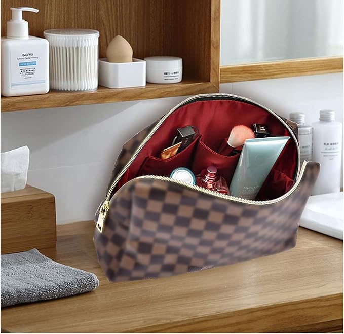 BAGCRAZY Checkered Makeup Bag Set, Elegant Travel Cosmetic Bag 2 Pack, Waterproof PU Leather Makeup Organizer with Zipper for Women
