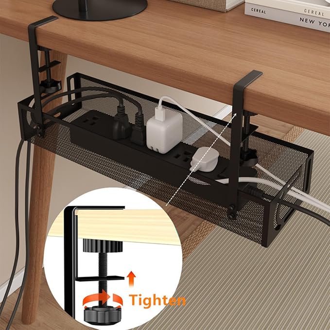 No-Drill Under Desk Cable Management Tray Tool-Free Installation with Dual Silicone Pads | No Adhesive, No Magnets, No Residue | Heavy-Duty Steel Construction for Wood & Glass Desktops (White)