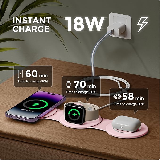 Hicober 3 in 1 Wireless Charging Station for Apple Watch and iPhone Air 17 16 15 14 13 12 Pro Max/Plus, Magnetic Foldable Wireless Travel Charger Station Stand for Airpods iWatch All Series Pink